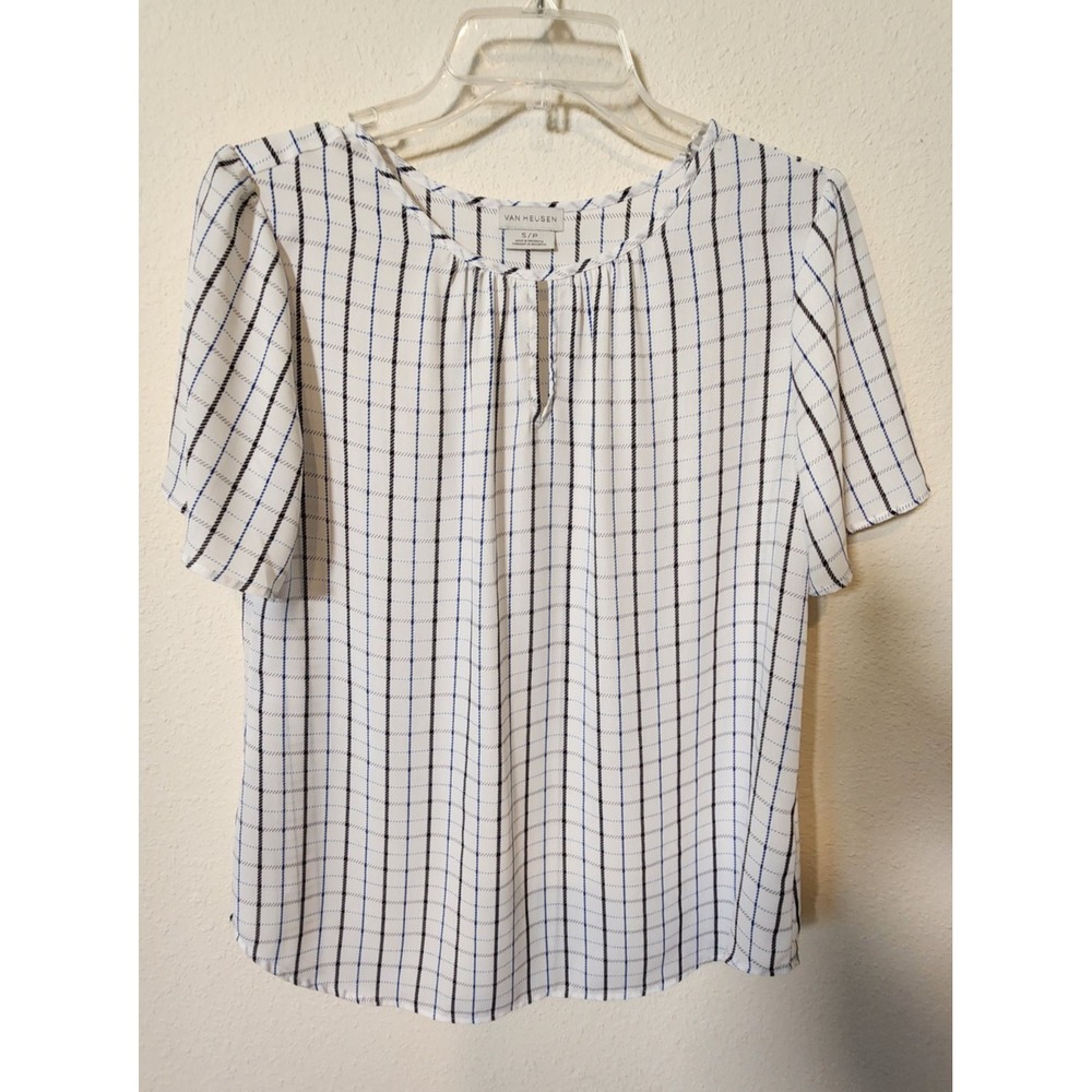 Van Heusen Women White Black Blue Plaid Stripe Short Sleeve Blouse Small Keyhole
